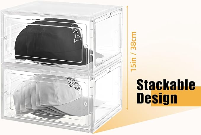 Hat Organizer Box,Stackable Clear Baseball Caps Holder Box Containers with Magnetic Door for Hats Snapback Cap Storage,Clear Hat Storage with Magnetic Door, Holds 40 Hats (clear, 4 pack)