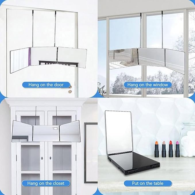HIEEY 3 Way Mirror for Hair Cutting,360 Trifold Mirror with Height Adjustable Telescoping Hooks,and 5X Magnification,for Makeup, Hair Styling