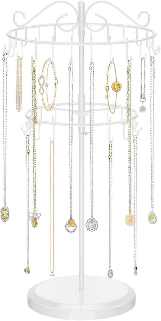 iDavosic.ly 2 Tier Rotating Necklace Holder Organizer with 42 Hooks, Adjustable Metal Bracelet Display Stand Rack, Extra Tall Keychain Spinning Tree Tower for Women, White