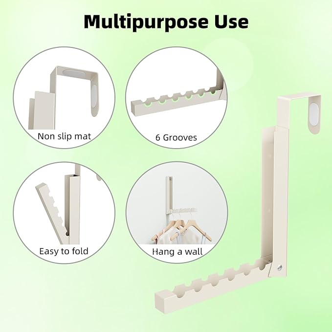 BAKON Over The Door Hanger Folding Clothes Drying Rack, Folding Hanging Coat Rack for Indoor Laundry Room Compact Small Space Foldable Portable Clothing Hanger Hook Collapsible-2 Pack (Beige)