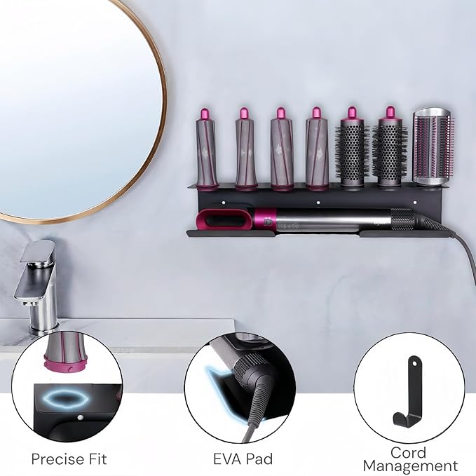 Dyson Airwrap Holder, Aluminum Dyson Airwrap Wall Mount with 7 Custom Slots&Cable Hook, Dyson Organizer Wall Mounted for Bathroom Salon Adhesive or Screw Black PTALSEAW