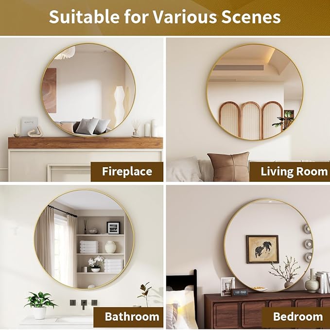 Gold Round Mirror, 48 Inch Circle Bathroom Mirror with Metal Frame, Wall-Mounted for Entryway, Bathroom, Vanity, Living Room
