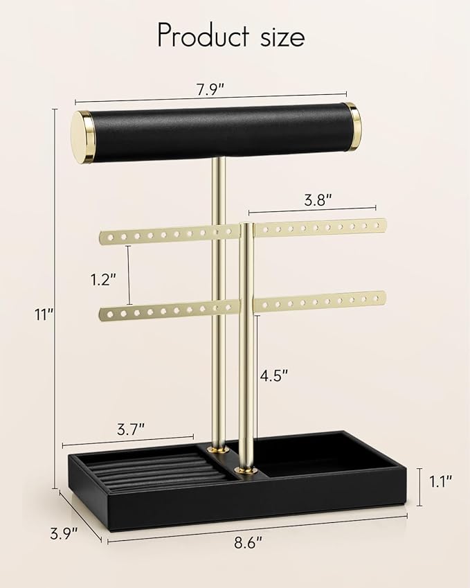 Vlando 2 Tier Necklace Holder Organizer with Tray, Leather Bracelet Holder Display for Women, Gold Jewelry Holder Stand for Bracelet, Necklace, Earrings, Rings - Black