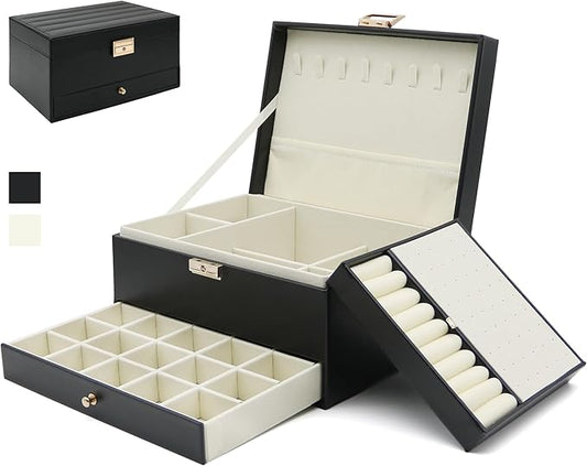 Jewelry Organizer, Travel Jewelry Box Organizers for Women Girls, Jewellery Display Holder 3 Layers Large PU Leather Jewellery Storage Case for Earring, Rings, Necklaces, Bracelets, Watch, Gift(Black)