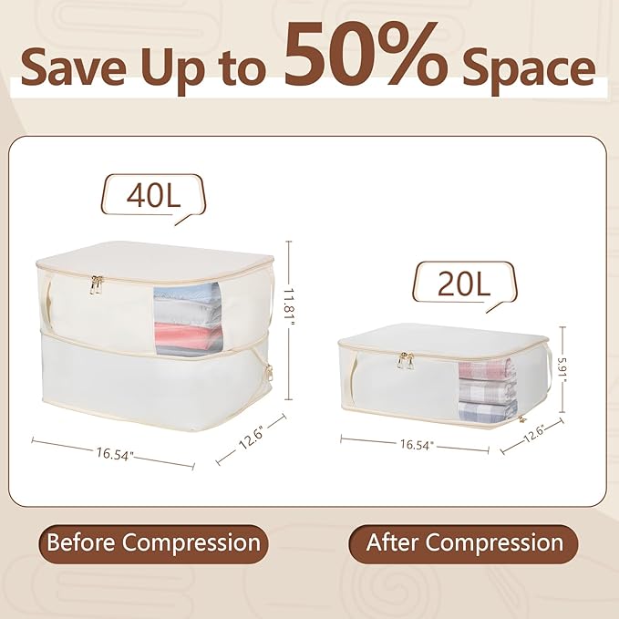 Comforter Storage Bag, Large Capacity Blanket Storage Bags with Visual Window, Ultra Space Saving Self Compression Organizer, Washable Compression Bag for Down Jacket, Pillow, Bedding 2-Pack 40L Beige