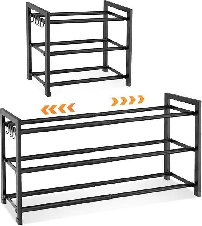 Adjustable 18"-33" Expandable Shoe Rack for Closet 12 Pairs Small Spaces 3 Tier Shoe Organizer with 5 Hooks Metal Shoe Shelf for Entryway, Bedroom
