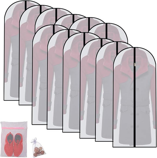 Hanging Garment Bag Suit Bags for Closet Storage (Set of 12) Garment Bags for Hanging Clothes Travel with Zipper for Suit Sweaters Travel Laundry Wardrobe Closet Dust Cover (Black, 24'' x 48'')