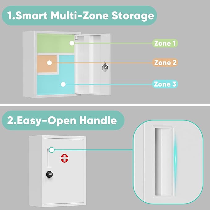 Locking Medicine Cabinet, Empty Metal Medicine Storage Box Wall Mount with All-Metal Digit Lock Keyless, Bathroom Cabinet Organizer Over The Toilet, First Aid Box for Home School Business