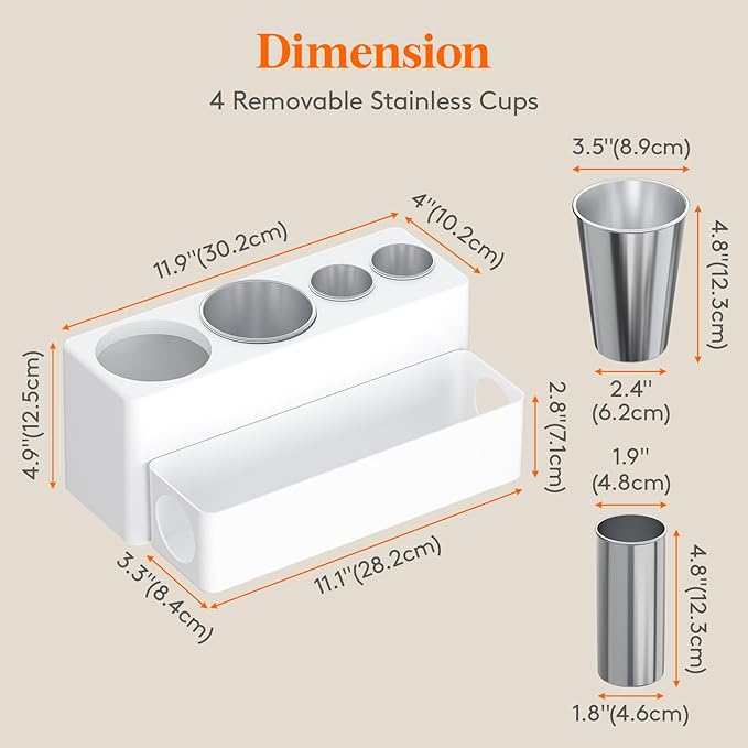 Lifewit Hair Tool Organizer Countertop, Removable Blow Dryer Holder for Bathroom, Acrylic Hot Tools Organizer Storage for Curling Iron, Brush, Straightener, 4 Stainless Cups, White, 30 cm/12 inch(L)