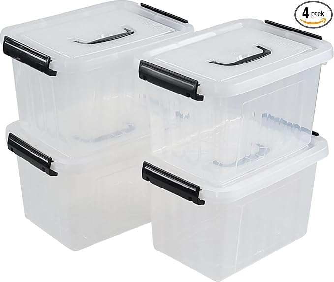 4 Packs Plastic Stackable Storage Container Bin with Lid and Latch, Plastic Latching Box with Handle, 5 L