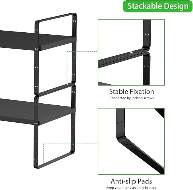 Expandable Kitchen Cabinet Shelf Organizers, Stackable Metal Pantry Storage Shelves Rack, Adjustable Counter Spice Shelf for Cabinets, Countertop, Cupboard Organizers and Storage, Black