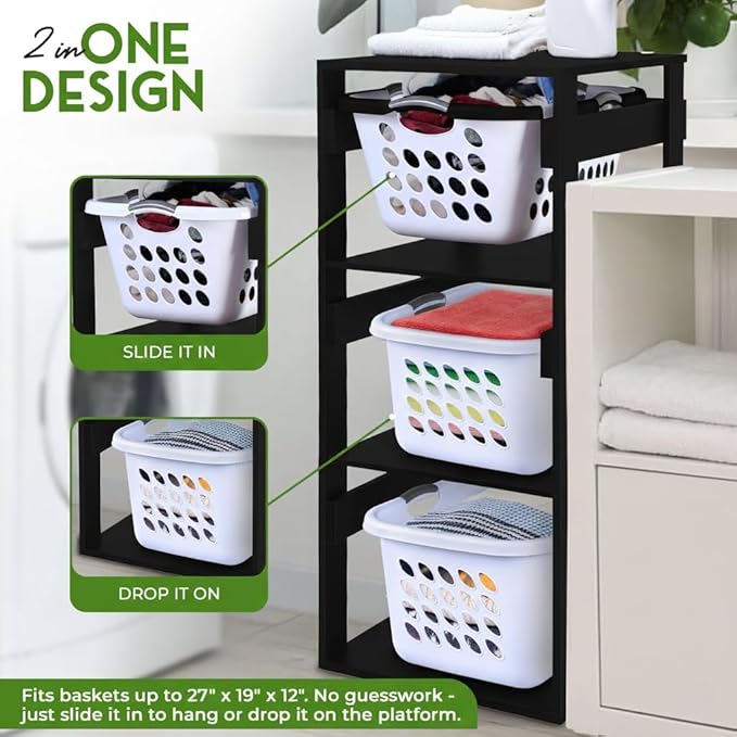 Laundry Basket Holder Shelf – Stackable Engineered Wood Laundry Tower, Tiered Hamper Organizer for Bathroom, Bedroom, Closet (Black, 3 Tier)