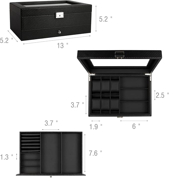 GUKA Watch box, 6 Slot Watch Case, 3 Slot Sunglass Organizer, Watch Cases for men with Real Glass Lid, Watch Organizer storage with Jewelry Case, Birthday for Men and Women, Black