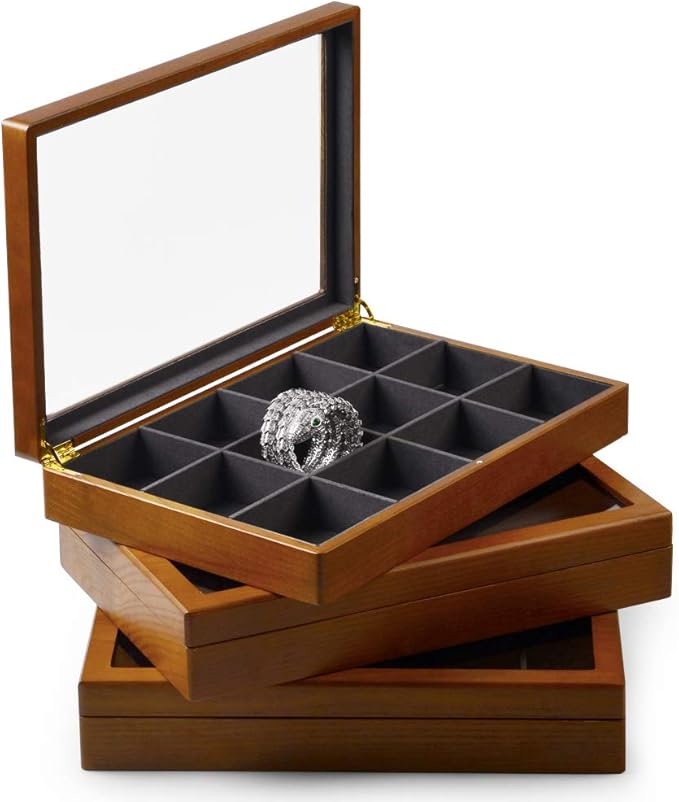 Oirlv 12 Grids Vintage Solid Wood Jewelry Box Microfiber Lining Earrings Bracelets Necklace Storage Jewelry Drawer Organizer Tray with Lid