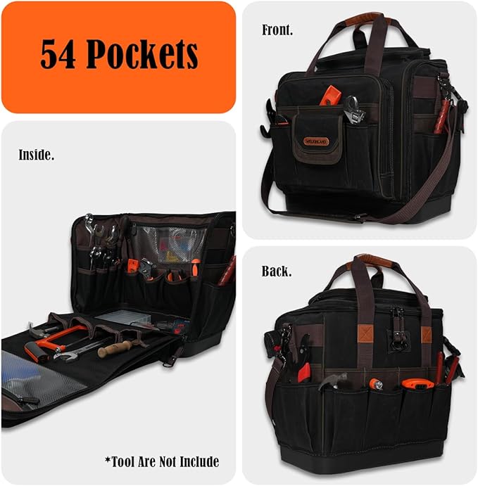 WELKINLAND 54Pockets Electrician Tool Bag, Heavy-Duty Hard Bottom Tool Bag, WaterProof Waxed Canvas Tools Bag, Technician Tool Bags, HVAC Tools Bag For professionals