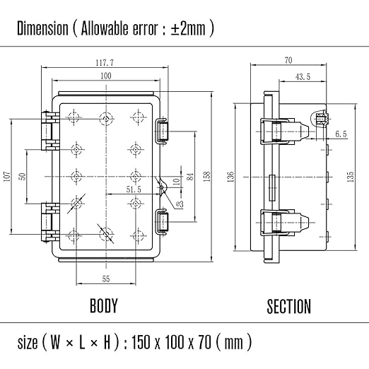 LeMotech Electrical Box, IP67 Waterproof Hinged Clear Cover Stainless Steel Latch Junction Box, ABS Plastic Electrical Enclosure with Mounting Plate,Wall Brackets, Cable Glands,5.9"x3.9"x2.8",Grey