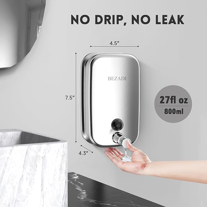 Commercial Soap Dispenser Stainless Steel Wall Mount for Bathroom and Kitchen with Premium Anti-Leak Pump and Corrosion-Proof Lining, 800ML 8182