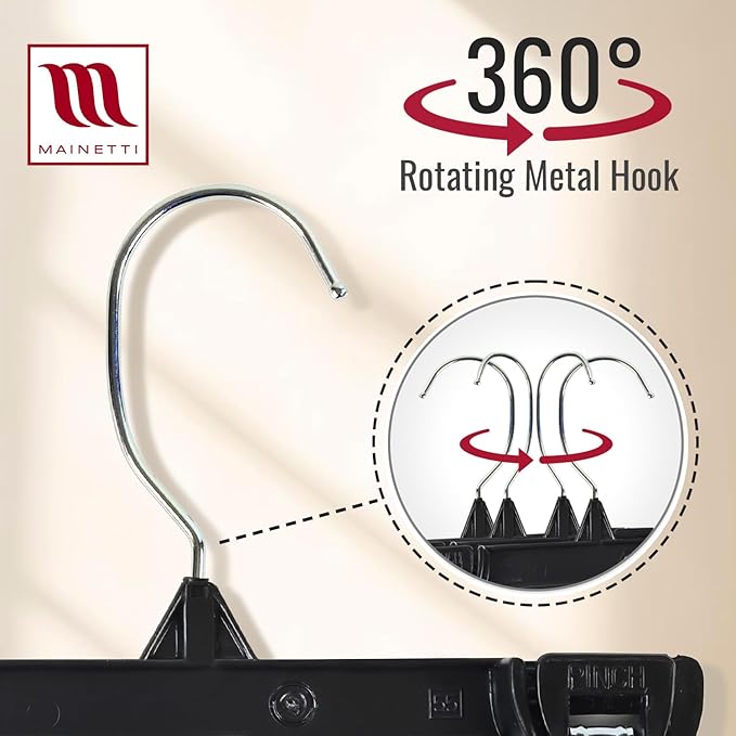 Mainetti 6008 Black Plastic Children's Hangers - 100 Pack with Rotating Metal Hook and Sturdy Plastic, Great for Pants/Skirts/Slacks/Bottoms, 8-Inch, (B07VHJRVYH)