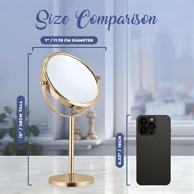 MIRRORVANA 10X Magnifying Makeup Mirror on Round Stand for Tabletop, Bedroom Vanity Desk and Bathroom Counter - Free Standing Double Sided 10X/1X Magnification Mirror - 7" Wide and 14" Tall (Gold)