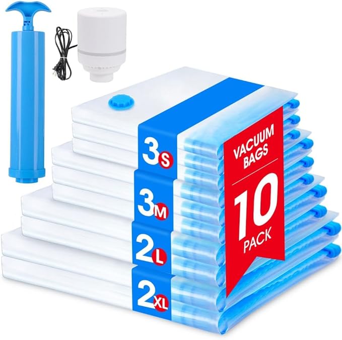 AROIC 10 Pack Vacuum Storage Bags Set - Space Saver Vacuum Bags for Clothing, Blankets, Seasonal Storage with Electric Pump, Vacuum Sealer Bags for Luggage, Travel Essentials, Bedding