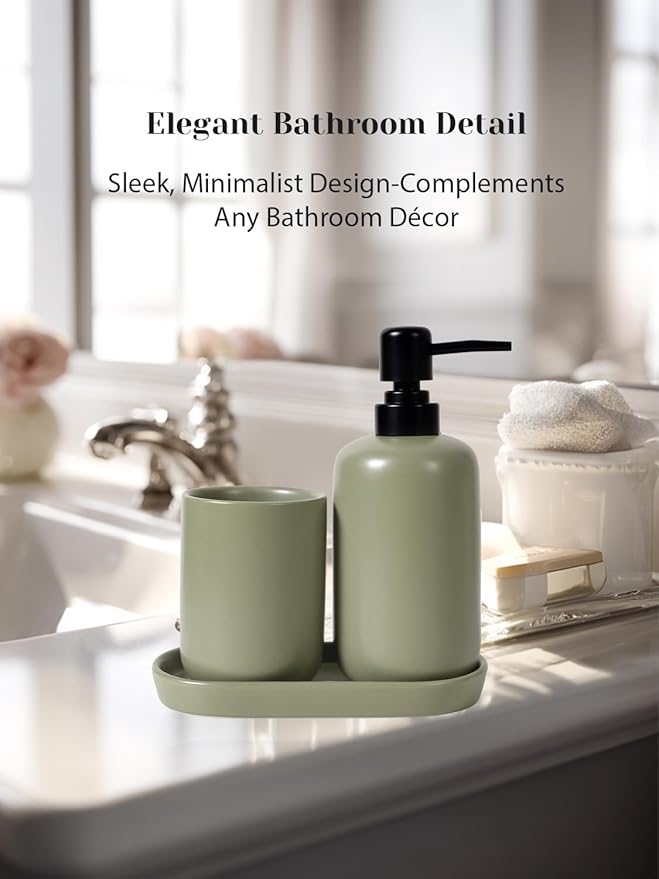 INGOFIN 3 Pcs Ceramic Bathroom Accessory Set - Liquid Soap Dispenser, Toothbrush Holder & Tray, Bathroom Counter Set, Countertop Essentials for Home, Guest Bathroom, Office, Hotel, Dark Green