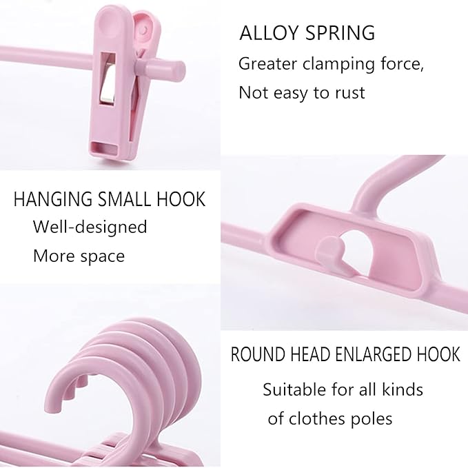 Pants Hangers, 10pcs Adjustable Clothes Hangers with Clips, Portable Drying Rack Travel Plastic Non-Slip Clothes Drying Hanger for Kids Or Adults Garments (Pink)