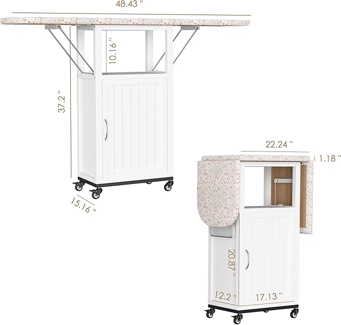 Rolling Ironing Board with Storage Cabinet, Folding Ironing Board with Wheels, Craft Table with Storage, Wooden Fold Down Ironing Station with Heat-Resistant Sponge(White with Wheels)