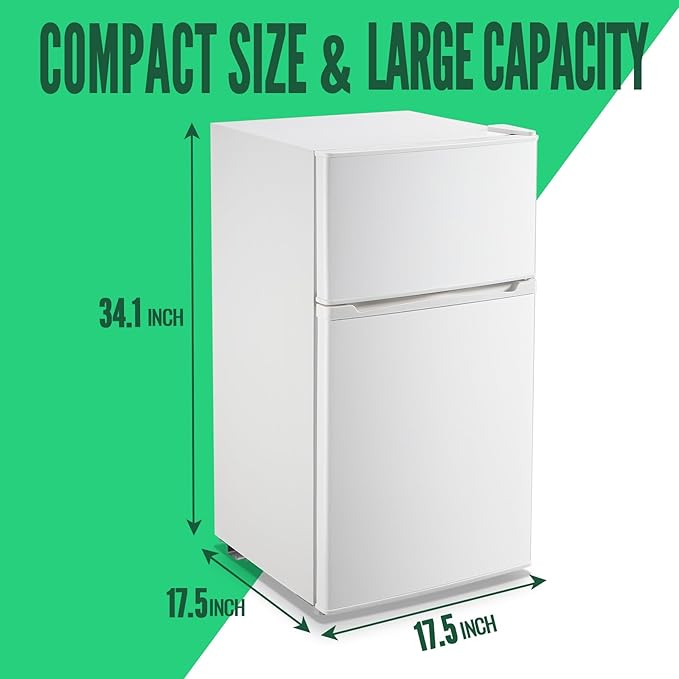 WANAI Mini Fridge with Freezer, 3.5 CU.FT Small Refrigerator with 2 Door & 7 Gear Mechanical Control & Side Bottle Rack, LED Light, Ideal for Dorm, Kitchen, Apartment, Office, White
