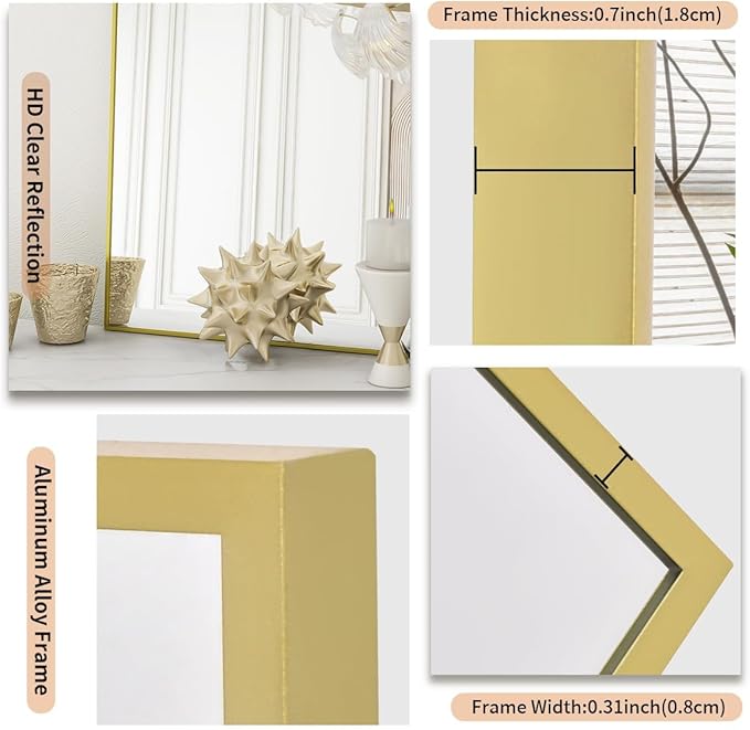 Koonmi Gold Mirrors for Wall, 30x55 Inch Bathroom Mirror, Rectangular Wall Mirror for Living Room Bedroom Bathroom, Hangs Horizontally or Vertically