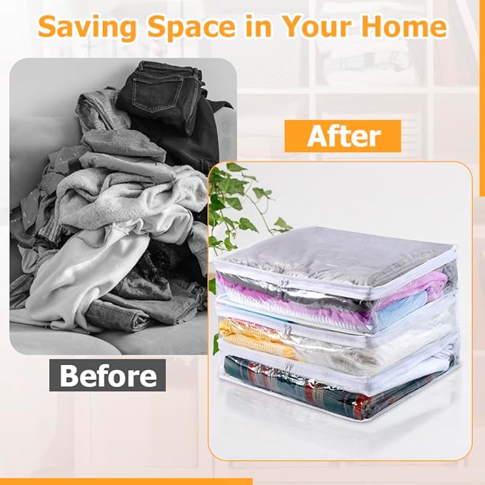 6 Packs Clear Zippered Storage Bags, Sweater Storage Bags with Zipper, Plastic PVC Sweater Sheet Organizer for Clothing Blankets Closet Bed Sheet Pillow(15.74 x 13.78 x 3.74 in)