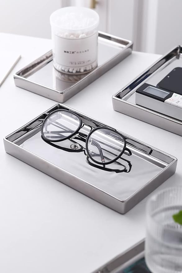 Jewelry Holder Ceramic Trinket Tray Rectangte Vanity Makeup Mirror Tray Silvery Small