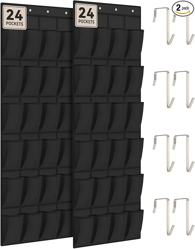 dodowin Over the Door Shoe Organizers, 2 Pack, Each with 24 Deep Mesh Pockets & 4 Metal Hooks, Over The Door Shoe Rack Space Saving Hanging Storage Holder for Closets, Shoes & Accessories, Black