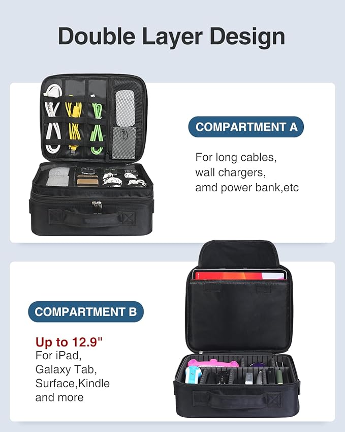Luxtude Electronic Organizer Travel Case Large, Double Layer Tech Carrying Case, Home Electronics Bag Fits for iPad (Up to 12.9 in), Sturdy Storage for Camera