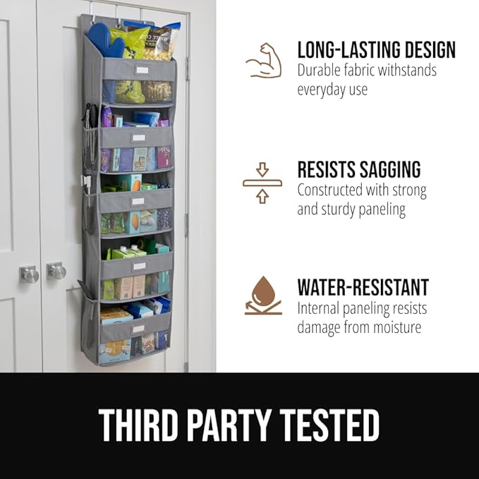 GORILLA GRIP Over The Door Organizer Storage, 5 Deep Hanging Shelves, Holds 50lbs, Closet Organizers Shelf for Bedroom, Bathroom, Nursery, Dorm Essentials, 3 Metal Hooks, 58x15 Inches, Grey