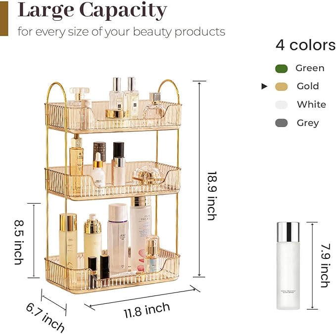 Bathroom Counter Organizer Countertop, 3 Tier Makeup Perfume Shelf Storage, Skincare Cosmetic Tray for Dresser Vanity - Gold