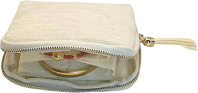 Small Travel Jewelry Case - Jewelry Travel Organizer Bag with Tassel Zipper for Bracelets, Necklaces, Bangles, Jewelry Organizer Storage Bag Gift for Women Girls - LJB001-Beige