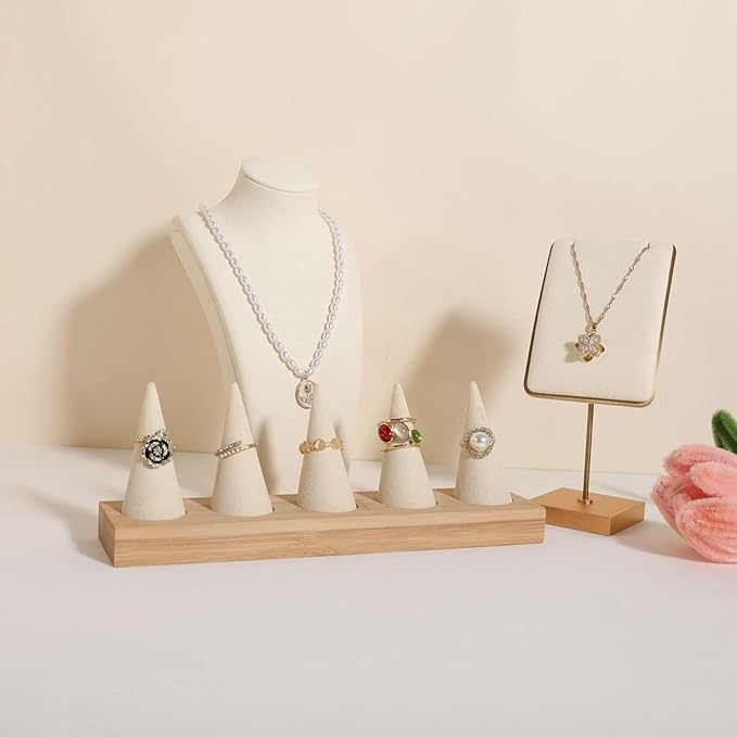GemeShou Beige wood ring storage organizer, Velvet Jewelry ring display holder, Cute ring display stand for selling, wedding ring holder at nightstand【Beige with five cone】