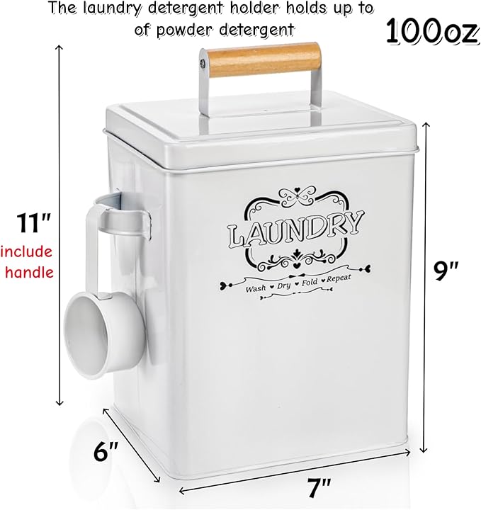 Goaste Metal Laundry Detergent Container, 100oz Modern Laundry Soap Dispenser with Scoop & Lid, Farmhouse Laundry Powder Storage Bin, White Laundry Pod Canister Tin Box for Laundry Organization