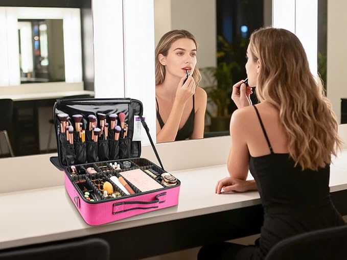 gzcz Large Capacity 16.5 inches Professional Travel Makeup Train Case Portable Artist Cosmetic Brush Organizer Storage Bag With Adjustable Dividers And Shoulder Strap for Toiletry Jewelry （Rose Red）