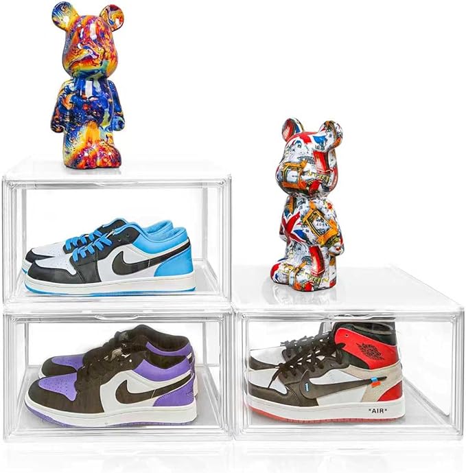 1 Pack Shoe Display Case Plastic Shoe Storage Box with Magnetic Acrylic Door Size 12.5, Transparent Sneaker Boxes Shoe Rack Substitute Closet Organizers Storage Bins, Easy Assembly
