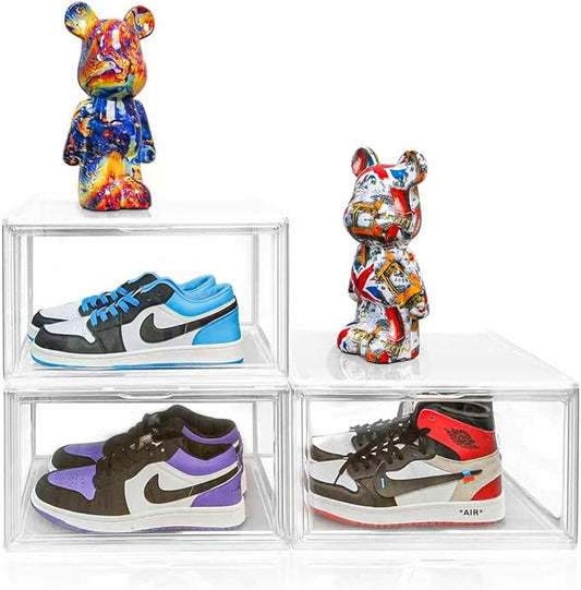 1 Pack Shoe Display Case Plastic Shoe Storage Box with Magnetic Acrylic Door Size 12.5, Transparent Sneaker Boxes Shoe Rack Substitute Closet Organizers Storage Bins, Easy Assembly