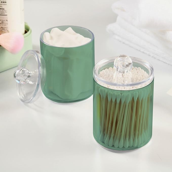 Sage Green Qtip Dispenser Apothecary Jars Bathroom Qtip Holder Storage Canister 10 Oz Plastic Jar for Cotton Ball Swab Round Pads Floss 4pcs