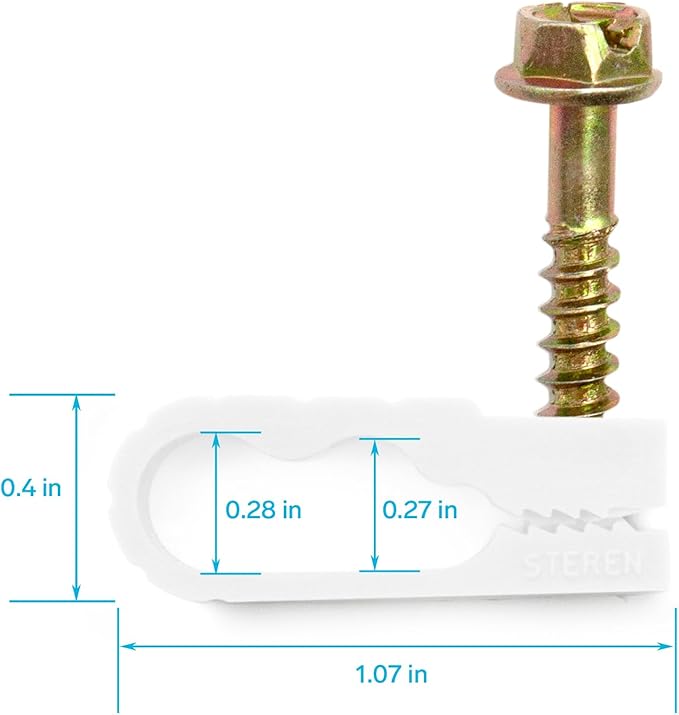 STEREN Coaxial Cable Clips - Cable Holder - Wire Clips - Siding Clips for Hanging - Cord Holder for Desk - Cable Clamps (White, 100 Count - Dual Screw)