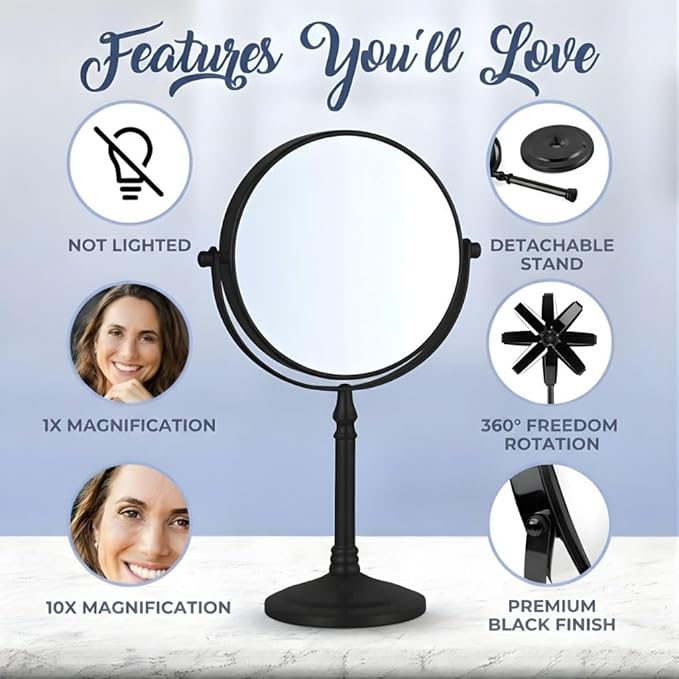 MIRRORVANA Large Double Sided 10X and 1X Magnifying Makeup Mirror with Stand in Gift Box, 15” Tall and 8” Wide (Black)