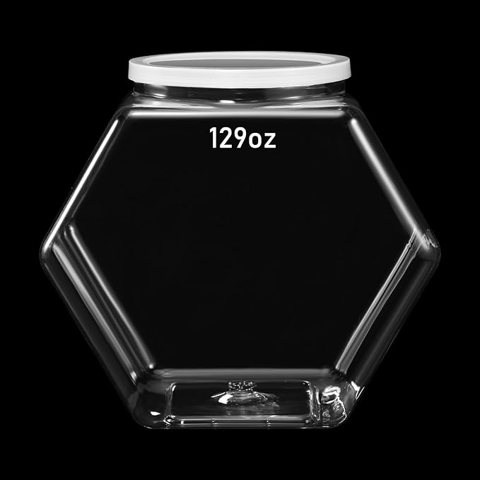 Uiifan 1 Piece Plastic Candy Jar with Lid Cookie Jar Clear Hexagonal Fish Bowls Containers for Snacks, Dog Food, Desk Pet, Craft and Sewing Supplies, Coffee Pod, Laundry Pod Storage Display(129 oz)