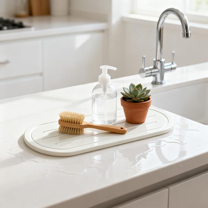 2PCS Water Absorbing Stone Drying Tray Mat for Bathroom Sink & Kitchen Counter Faucet Organizer Decor, Quick Dry Dish Soap Dispenser Sponge Holder, Vanity Sink Caddy Coaster,White -10"*3.8"