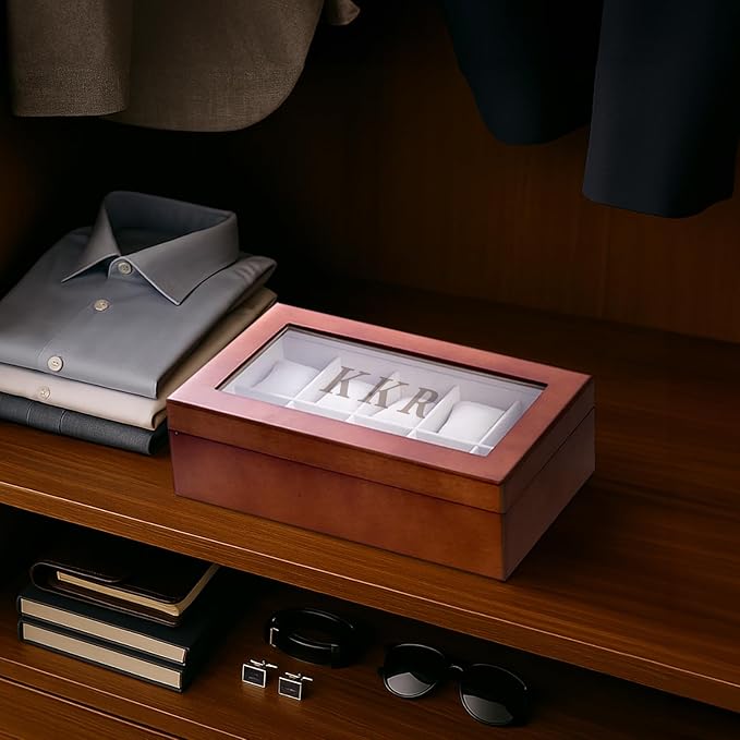 Bey-Berk Modena Personalized Cherry Wood 10-Slot Watch Box, Custom Glass-Top Solid Wood Display Case with Velour-Lined Watch Cushions, 14.75" x 8.5" x 3.5"