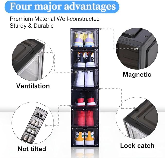 Large Black Shoe Storage Boxes Stackable, 12 Pack Hard Plastic Shoe Storage Organizer with Magnetic Door, Shoe Container Sneaker Storage Display Case Fit up to US Size 12 Black