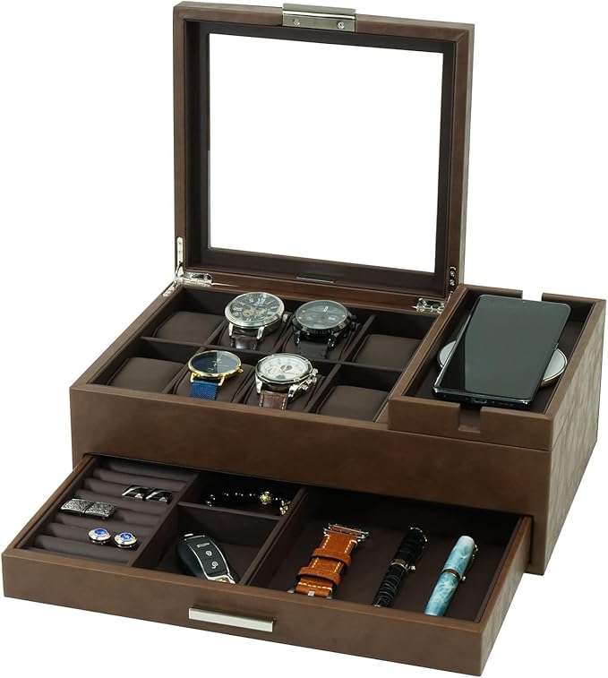 Men's Jewelry Box Organizer with Charging Station & Drawer - Premium Valet Tray for Watch, Phone, Wallet Storage - Brown