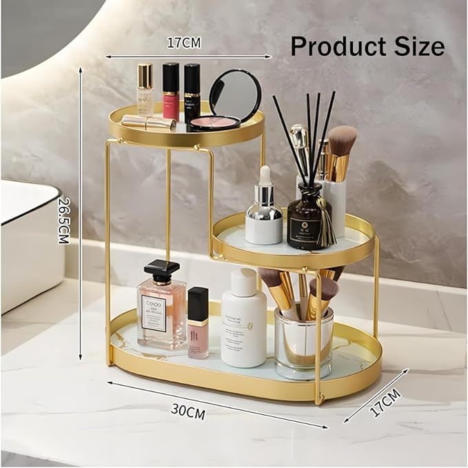 Makeup Organizer Countertop, 3 Tiers Skincare Organizer with Gold Finish, Durable Metal Storage for Bathroom or Bedroom Vanity, Tall Spacious Design for Large Bottles